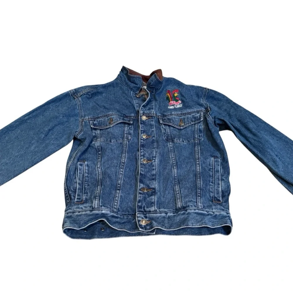 Vintage 90s Kellogg’s Corn Flakes Embroidered Denim Jacket Leather Collar Size S